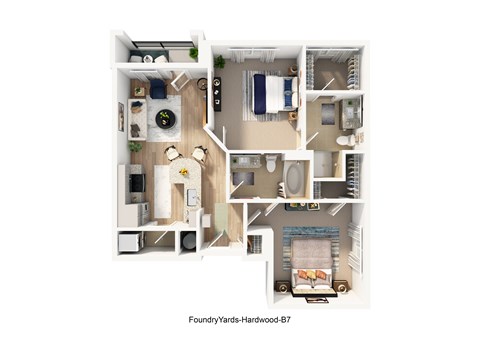 Floor plan for 2 beds, 2 baths, 909 sqft
